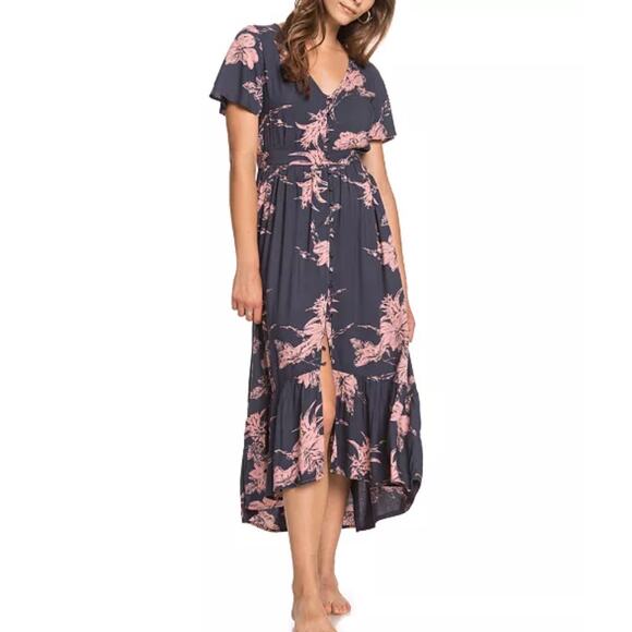 Roxy Bright Daylight Short Sleeve Maxi Dress Floral Print Small Blue & Pink Boho - Picture 1 of 15